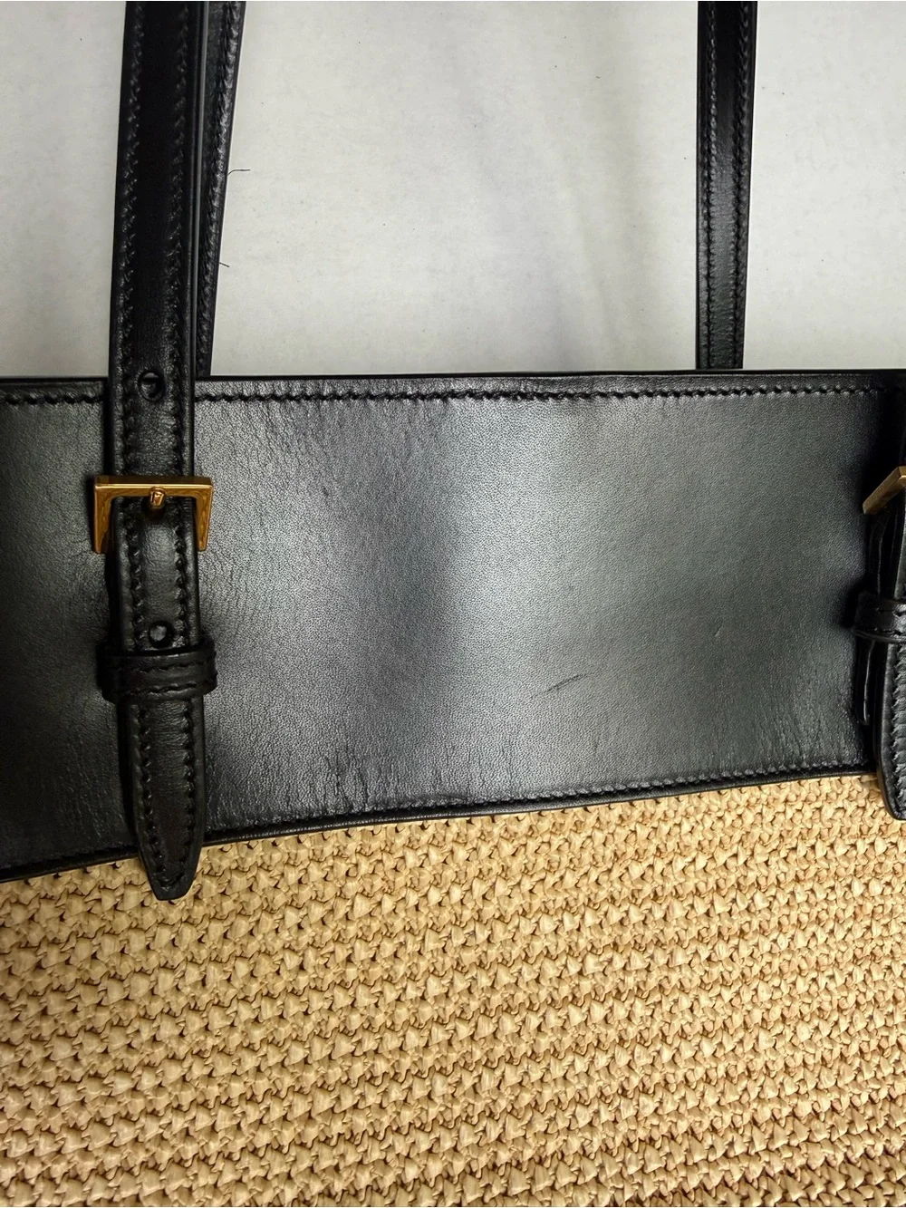 Authentic Saint Laurent Black & Natural Boucle Raffia Tote Bag with Dust Bag